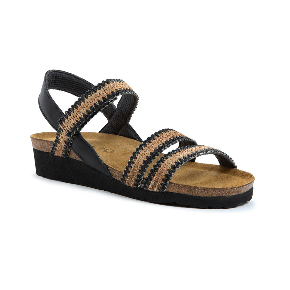 Naot Kayla Jet Black Leather Raffia Comfort Sandal | Simons Shoes