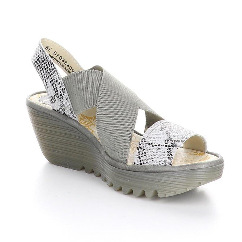 Fly London Yaji Low Wedge Sandal (888) Womens Shoes 010 Off White/Piombro