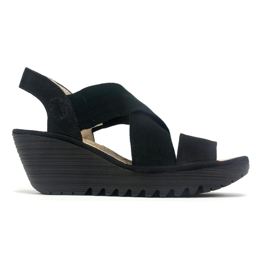 Fly London Yaji Low Wedge Sandal (888) Womens Shoes 000 Black