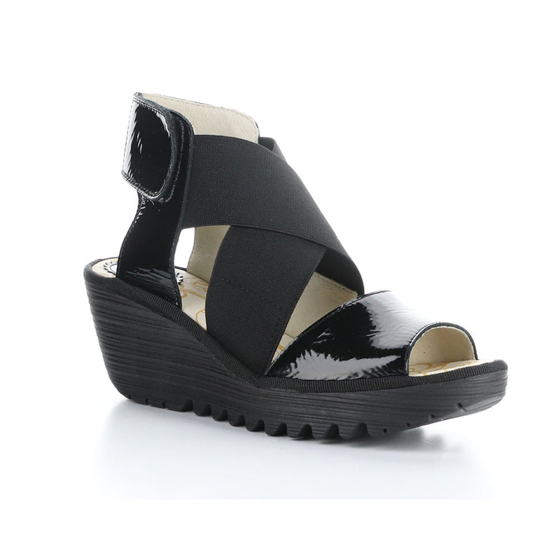 Fly London Yuba385FLY Wedge Sandal Womens Shoes Blk Patent