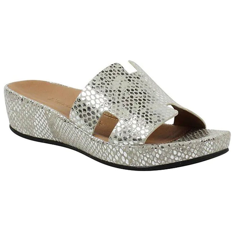 L'Amour Des Pieds Catiana Slip on Sandal Womens Shoes Silver Gold Snake Print