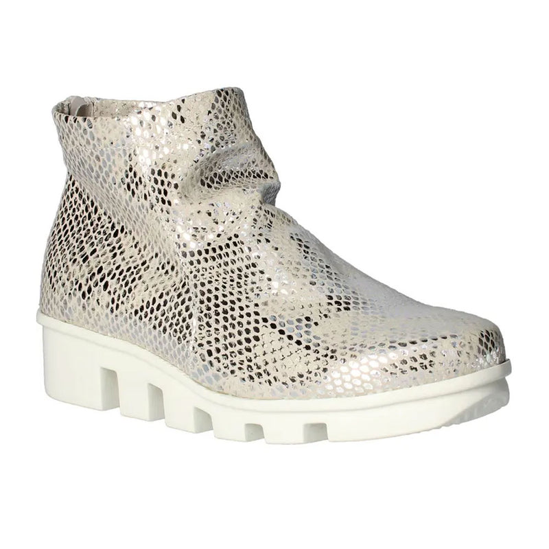 L'Amour Des Pieds Hadirat Zip Up Ankle Bootie Womens Shoes Silver Gold Snake Print