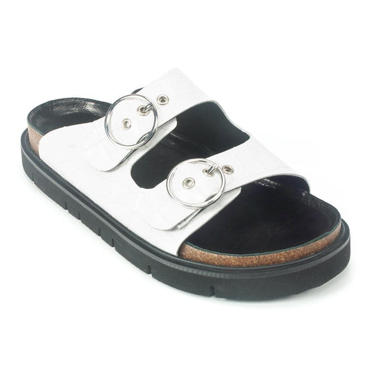All Black Circle Buckle Lowform Sandal Womens Shoes White
