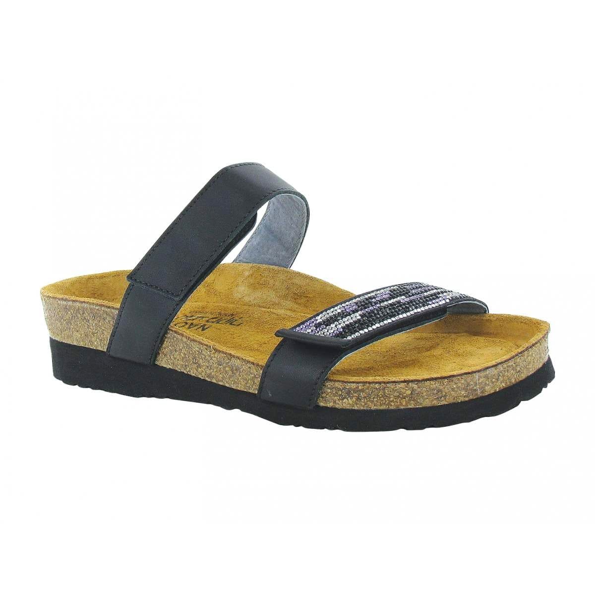 Naot Indiana Strapped Sandal (7223) Womens Shoes Jet Black Lthr/Black/Purple Multi Rivets