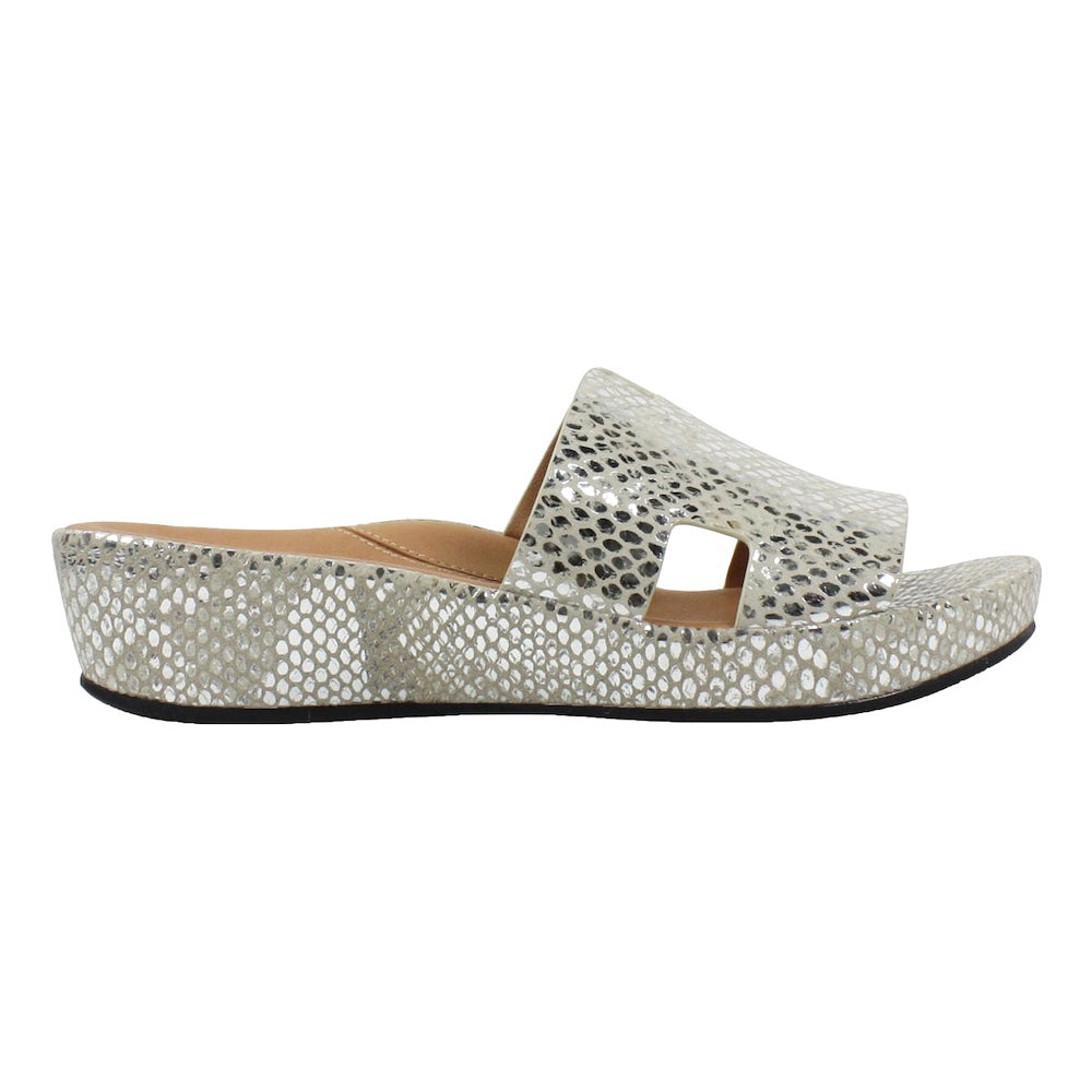 L'Amour Des Pieds Catiana Slip on Sandal - Silver Gold Snake Print Womens Shoes