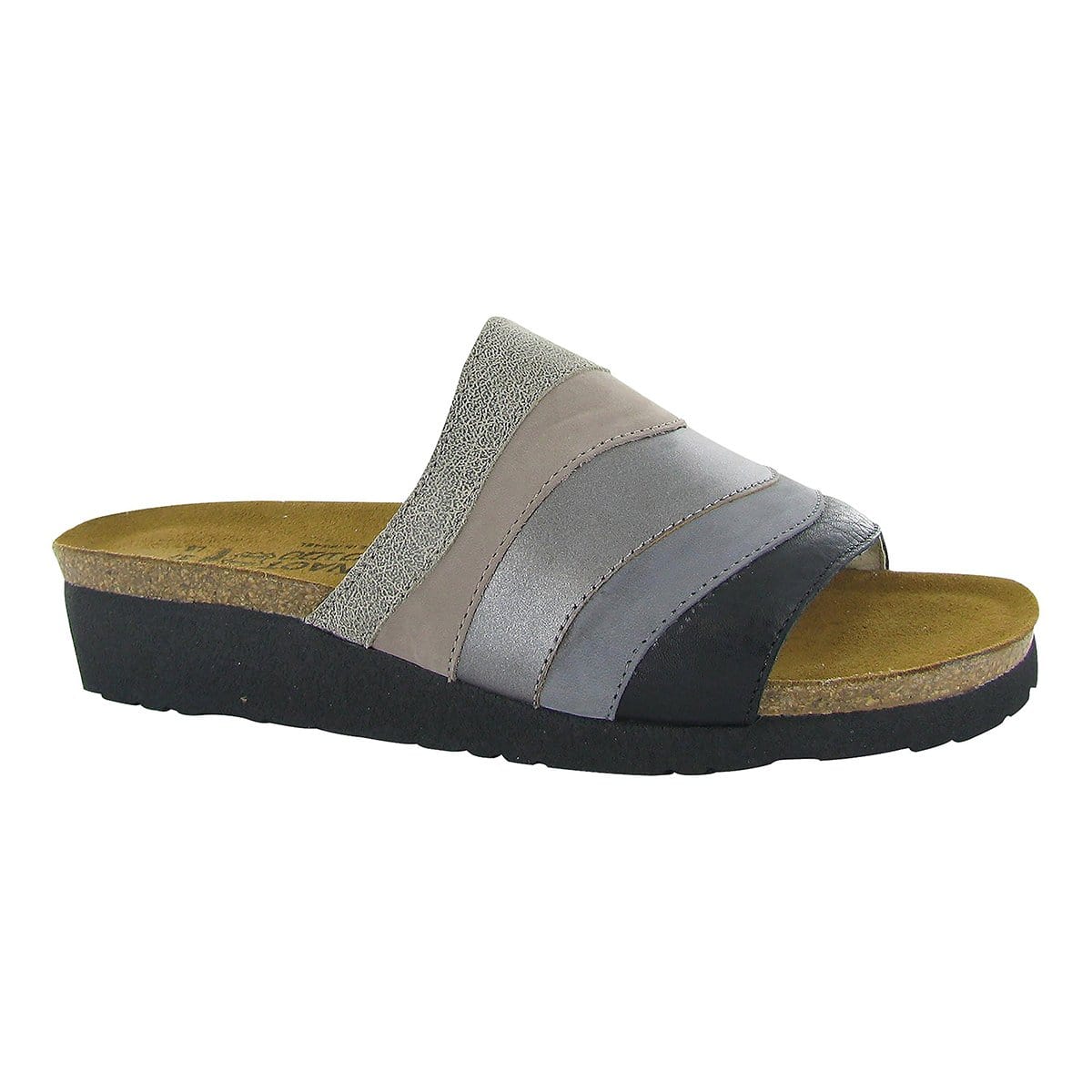 Naot Portia Wedge Slide Sandal (4032) Womens Shoes Speckled Beige Lthr/Stone Nubuck/Mirror Lthr/Smoke Gray Lthr/Soft Black Lthr