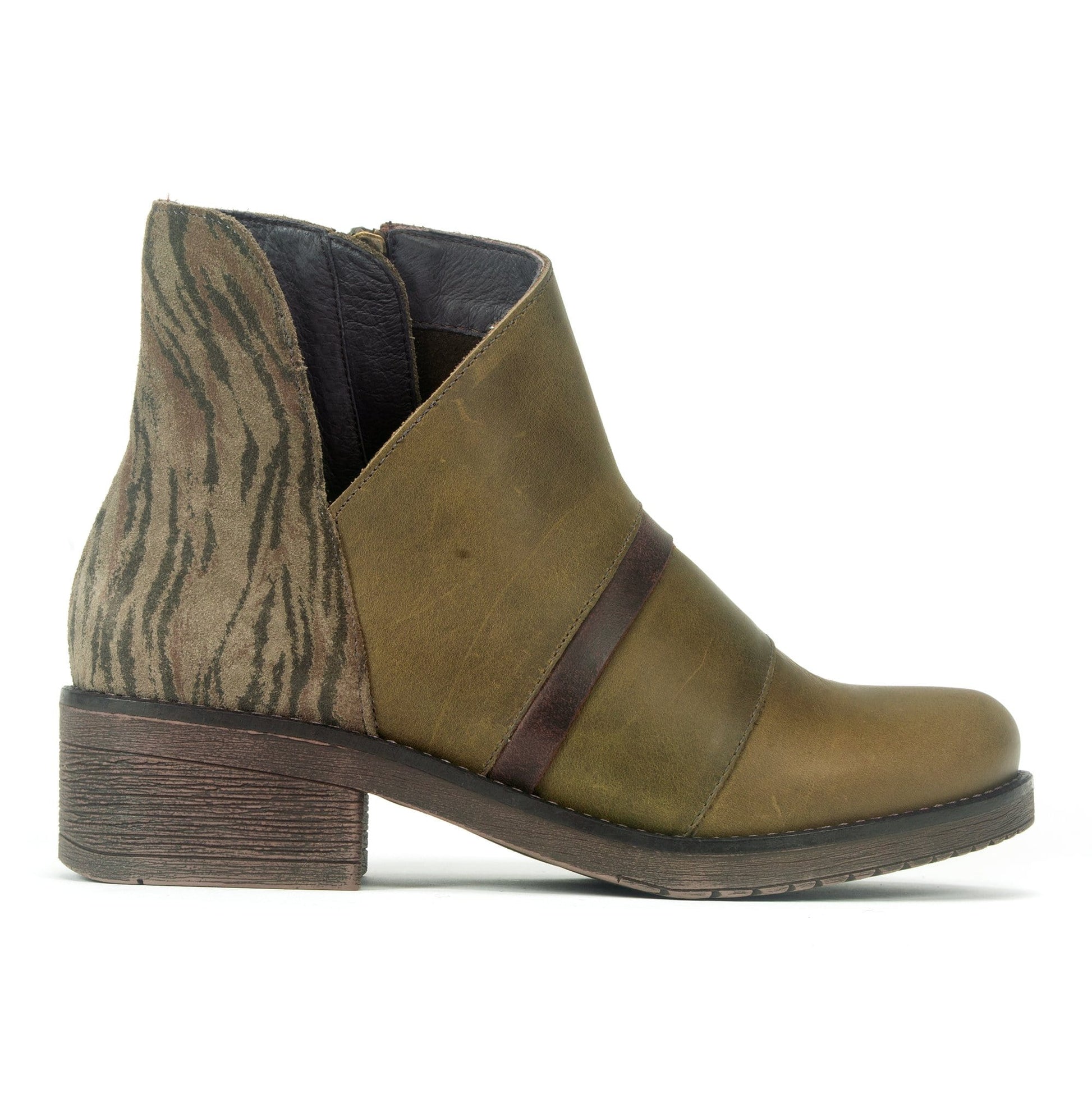 Naot Emerald Bootie (17621) Womens Shoes Vintage Pine Lthr/Safari Olive Suede/Crazy Horse Lthr