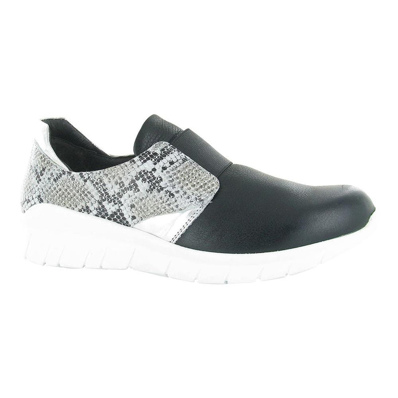 Naot Intrepid Sneaker (18017) Womens Shoes Soft Black Lthr/Gray Cobra Lthr/Soft Silver Lthr