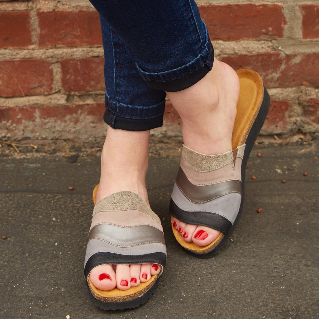 Naot Portia Wedge Slide Sandal (4032) Womens Shoes Speckled Beige Lthr/Stone Nubuck/Mirror Lthr/Smoke Gray Lthr/Soft Black Lthr