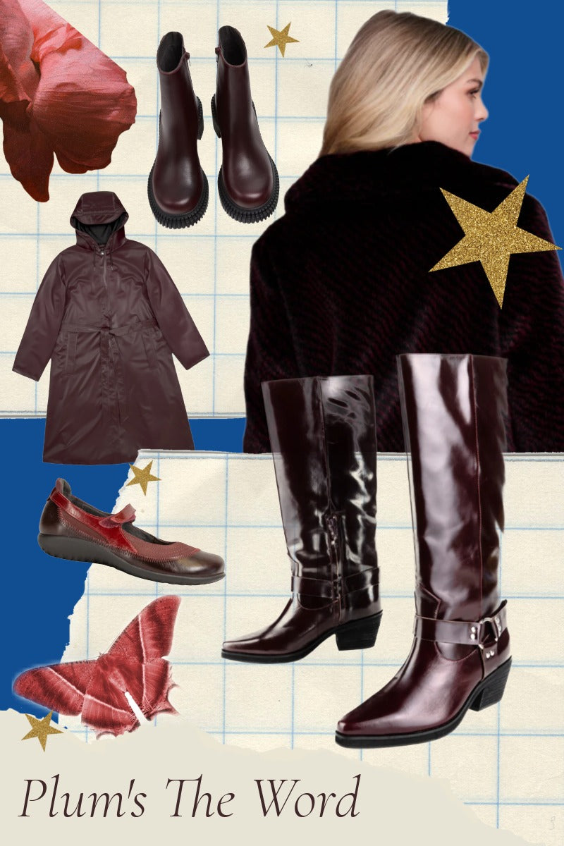 Plum tones collage of coats and shoes