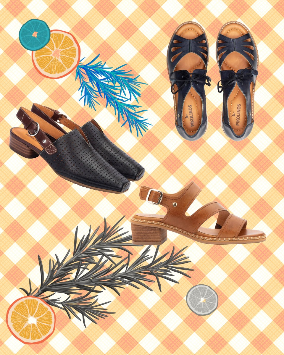 Pikolinos sandals scattered on plaid background
