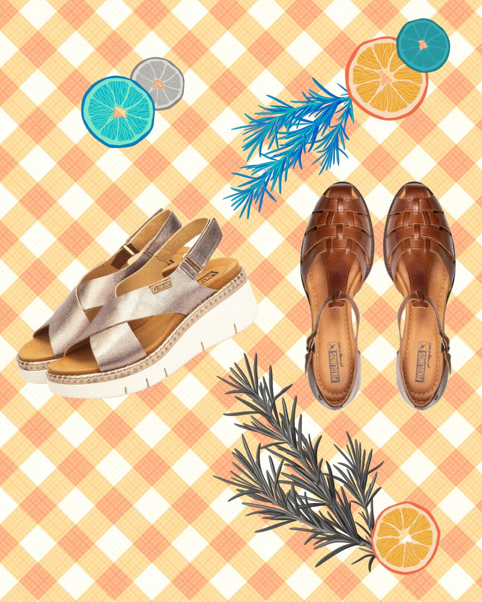 Pikolinos sandals scattered on plaid background
