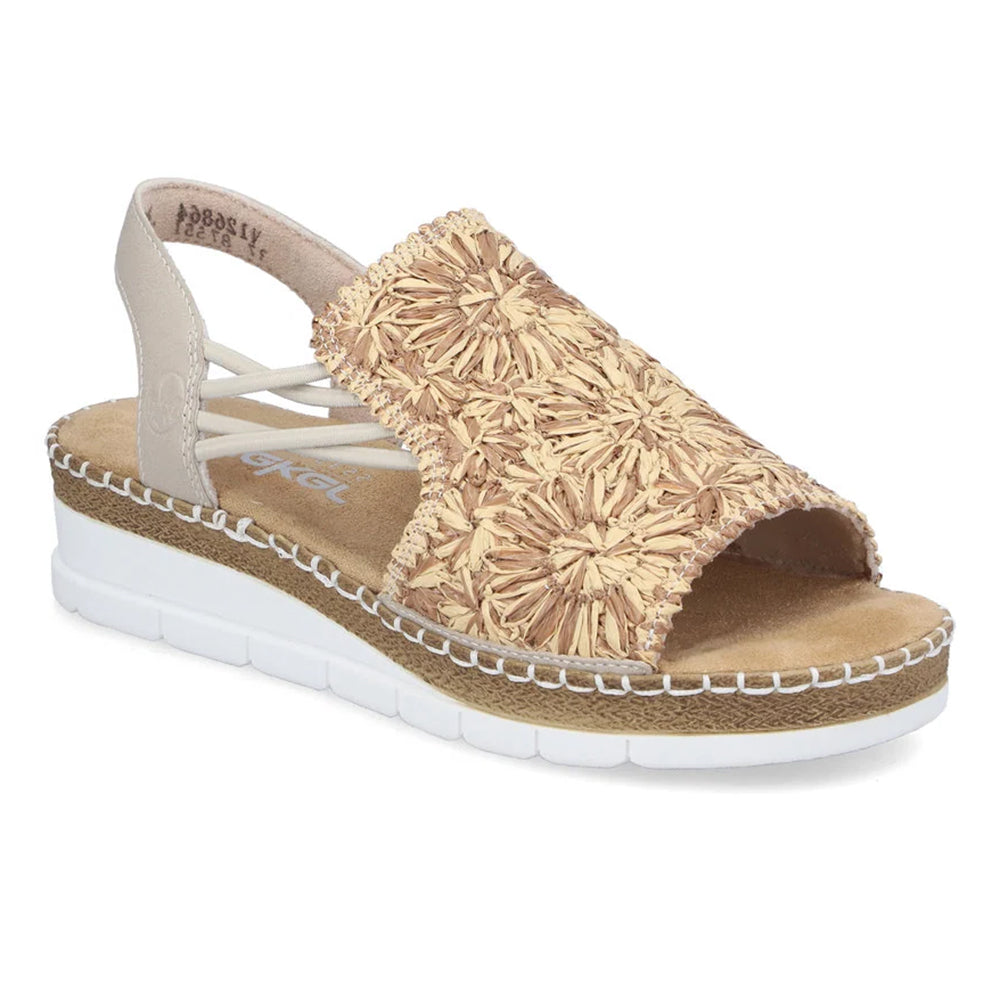 Rieker V1268 Womens Raffia Sandal with Flower Design, Heel Strap Small Wedge Heel