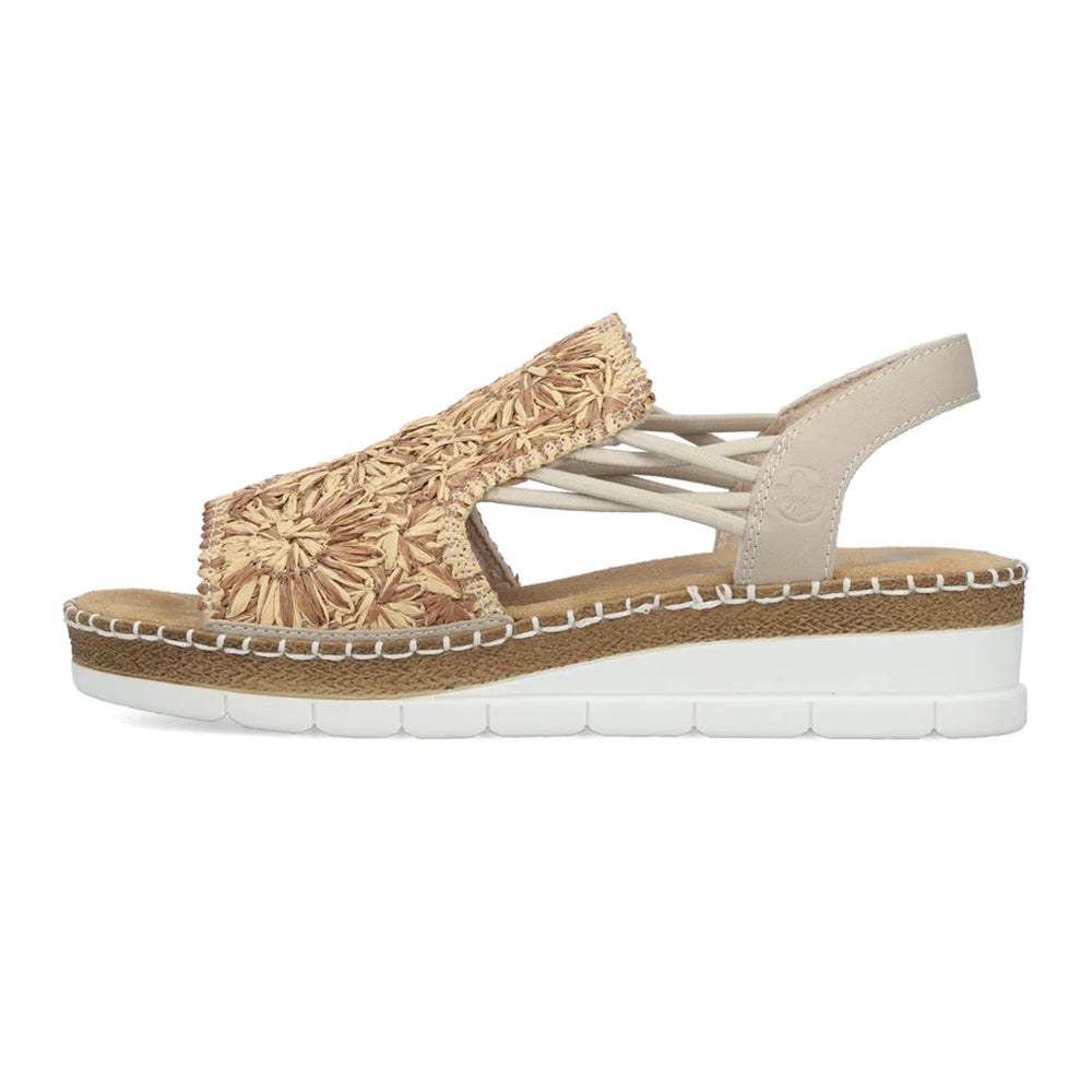 Rieker V1268 Womens Raffia Sandal with Flower Design, Heel Strap Small Wedge Heel