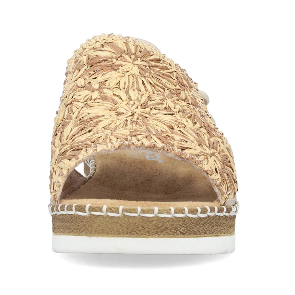 Rieker V1268 Womens Raffia Sandal with Flower Design, Heel Strap Small Wedge Heel