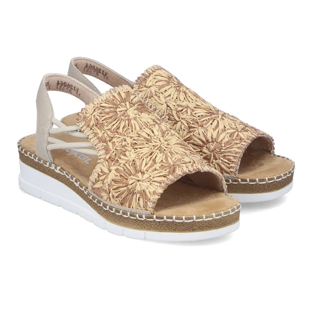 Rieker V1268 Womens Raffia Sandal with Flower Design, Heel Strap Small Wedge Heel