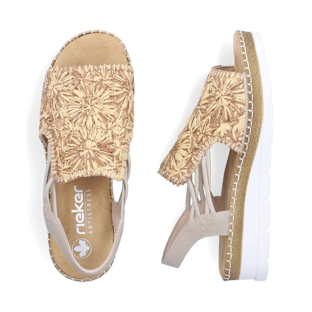 Rieker V1268 Womens Raffia Sandal with Flower Design, Heel Strap Small Wedge Heel
