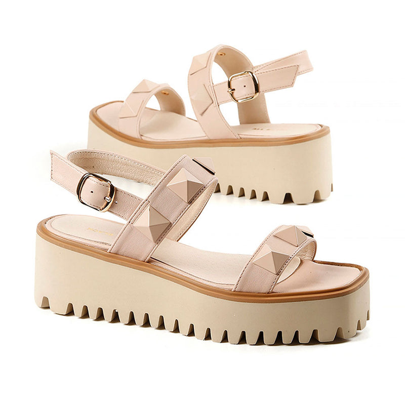 All Black Pyramid Stud Flatform Sandal Womens Shoes 