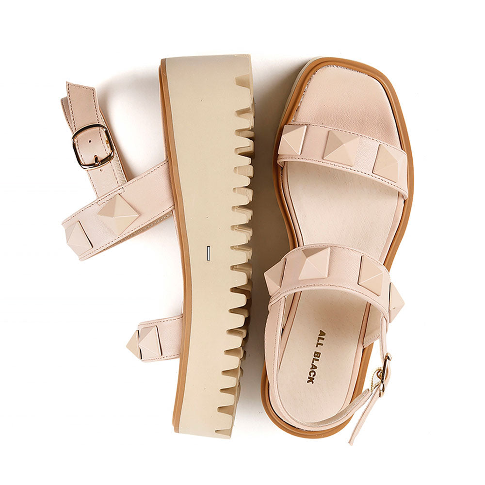 All Black Pyramid Stud Flatform Sandal Womens Shoes 