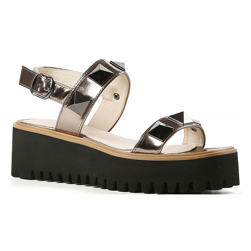 All Black Pyramid Stud Flatform Sandal Womens Shoes Pewter