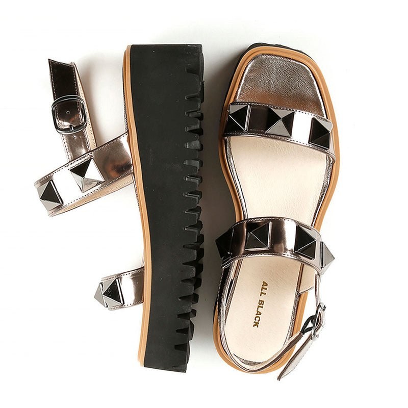 All Black Pyramid Stud Flatform Sandal Womens Shoes 