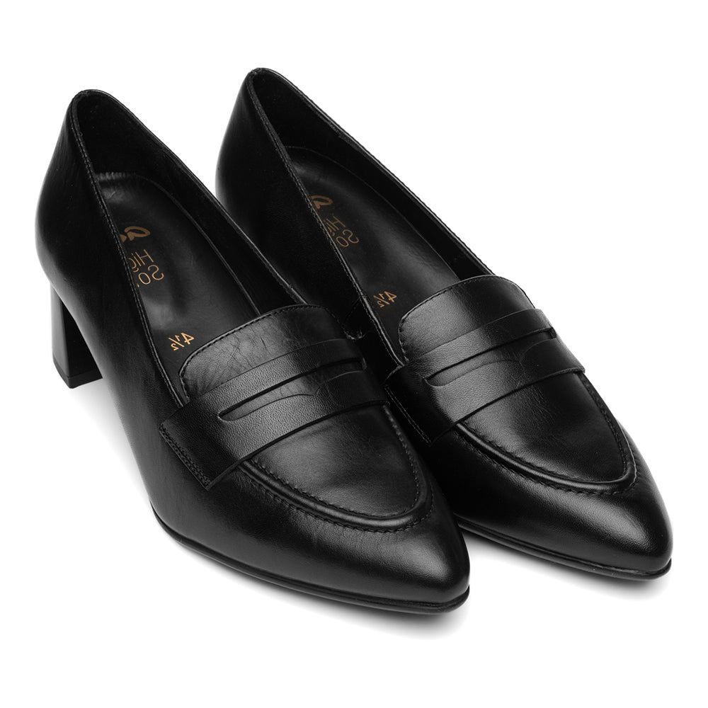 Ara Ambrosia Black Leather Smooth Heeled Loafer Oxford Womens Dress Shoe