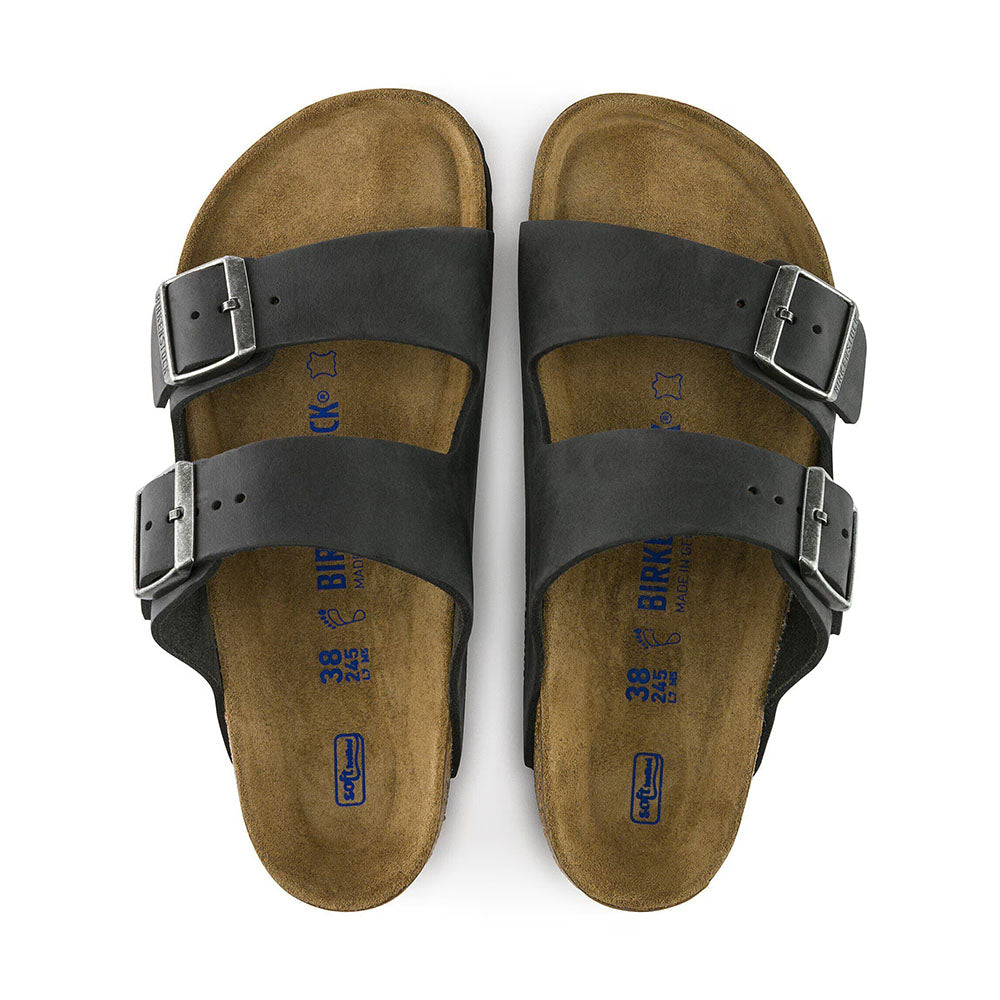 Birkenstock Arizona Soft Footbed Black Oiled Leather Two Strap Slip On Sandal Slide, light brown cork footbed with dark brown sole | Above view | Simons Shoes 