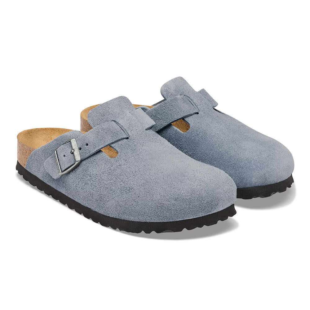 Birkenstock Boston Suede Soft Footbed Narrow Womens Shoes Stone Blue