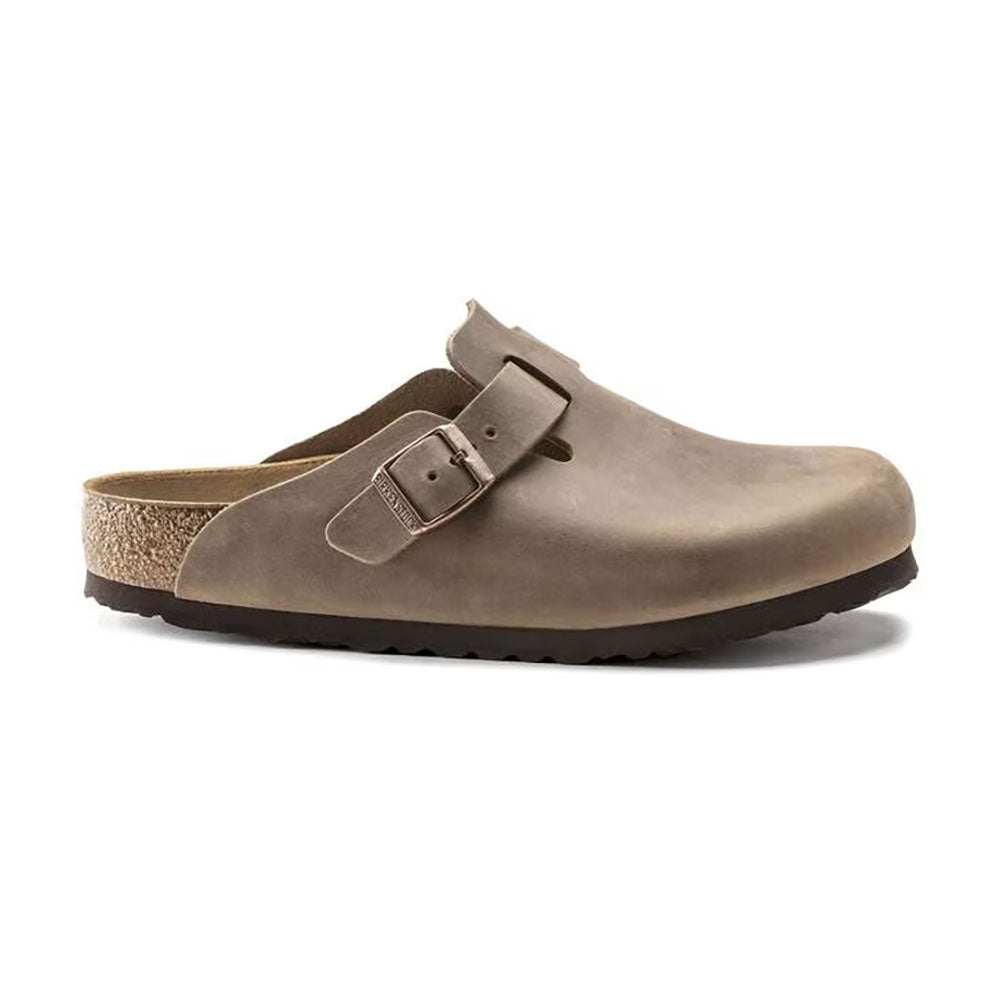 Birkenstock Boston Clog Oiled Tobacco Leather, Adjustable Buckle Strap on top of Clog, slip on, dark brown sole, cork footbed | Side view | Simons Shoes