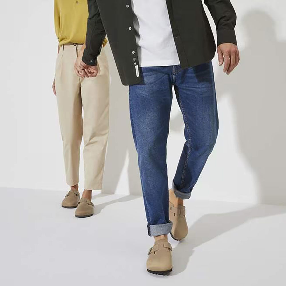 Birkenstock Boston Clog Oiled Tobacco Leather, Adjustable Buckle Strap on top of Clog, slip on, dark brown sole, cork footbed | Two people wearing the clogs view | Simons Shoes