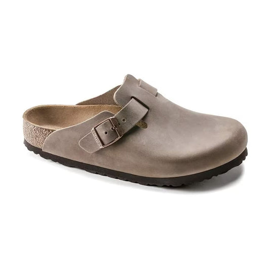 Birkenstock Boston Clog Oiled Tobacco Leather, Adjustable Buckle Strap on top of Clog, slip on, dark brown sole, cork footbed | Side view | Simons Shoes