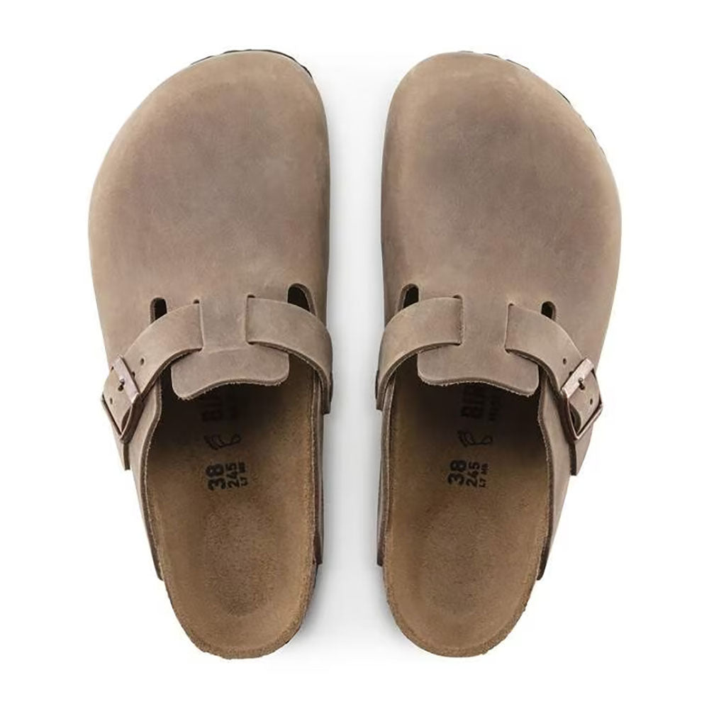 Birkenstock Boston Clog Oiled Tobacco Leather, Adjustable Buckle Strap on top of Clog, slip on, dark brown sole, cork footbed | Above view | Simons Shoes