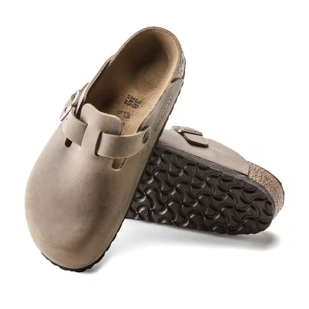 Birkenstock Boston Clog Oiled Tobacco Leather, Adjustable Buckle Strap on top of Clog, slip on, dark brown sole, cork footbed | Side view | Simons Shoes