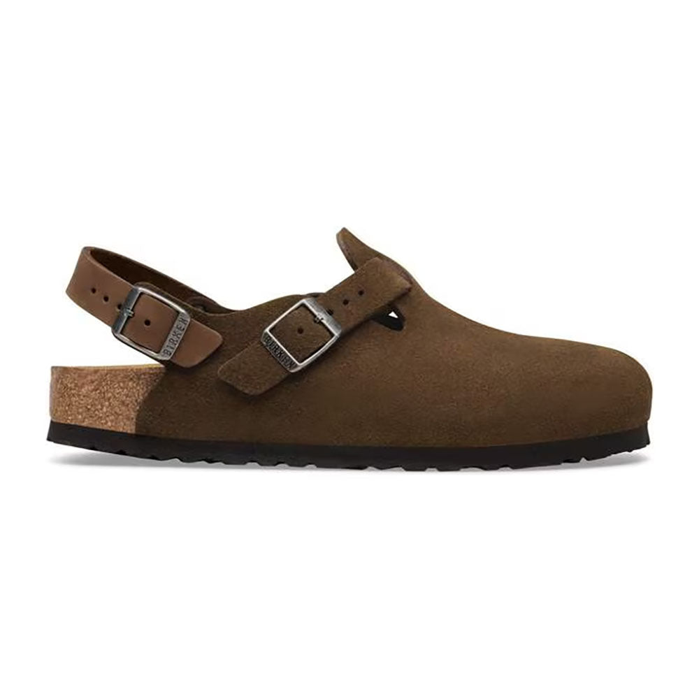 Birkenstock Tokio Carafe Brown Clog soft suede clog with ankle strap, silver buckle on top of clog and for ankle strap, black sole | Simons Shoes