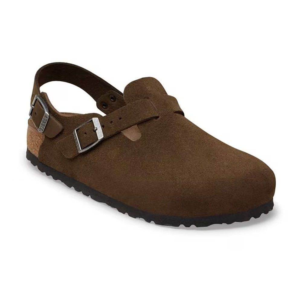 Birkenstock Tokio Carafe Brown Clog soft suede clog with ankle strap, silver buckle on top of clog and for ankle strap, black sole | Simons Shoes