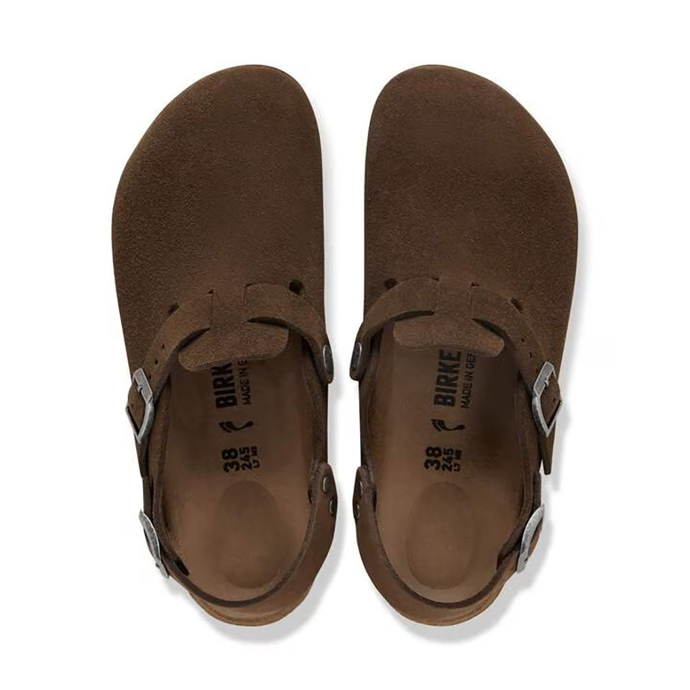 Birkenstock Tokio Carafe Brown Clog soft suede clog with ankle strap, silver buckle on top of clog and for ankle strap, black sole | Simons Shoes