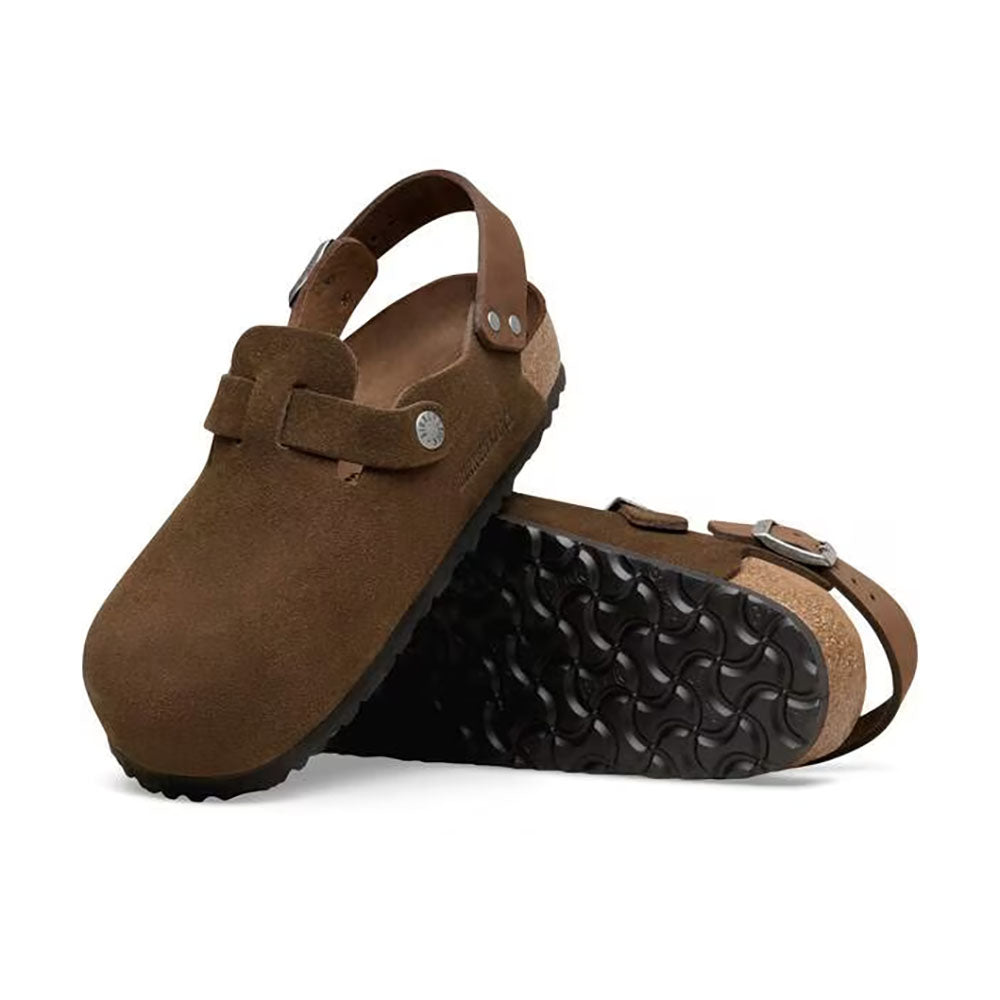 Birkenstock Tokio Carafe Brown Clog soft suede clog with ankle strap, silver buckle on top of clog and for ankle strap, black sole | Simons Shoes