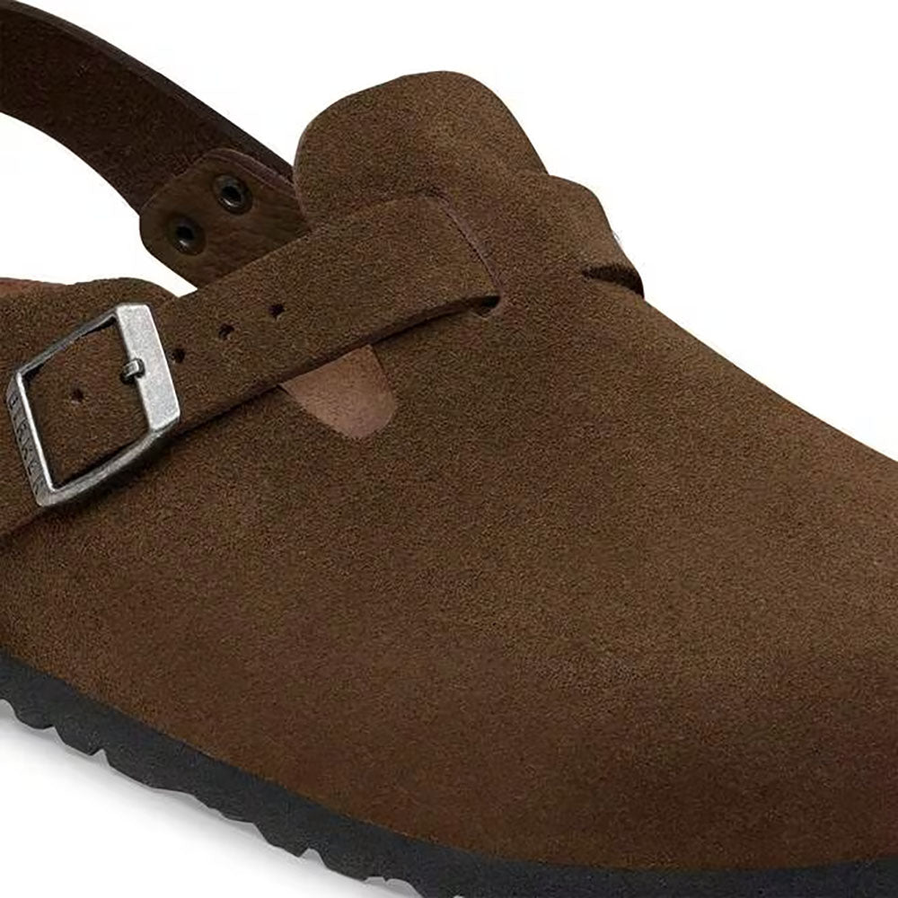 Birkenstock Tokio Carafe Brown Clog soft suede clog with ankle strap, silver buckle on top of clog and for ankle strap, black sole | Simons Shoes