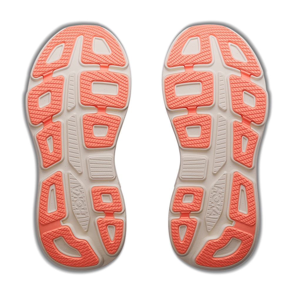 A HOKA Women's Bondi 9 running shoe in navy blue with a thick beige midsole and bright orange accents on the logo, tongue, and outsole, shown against a plain white background.