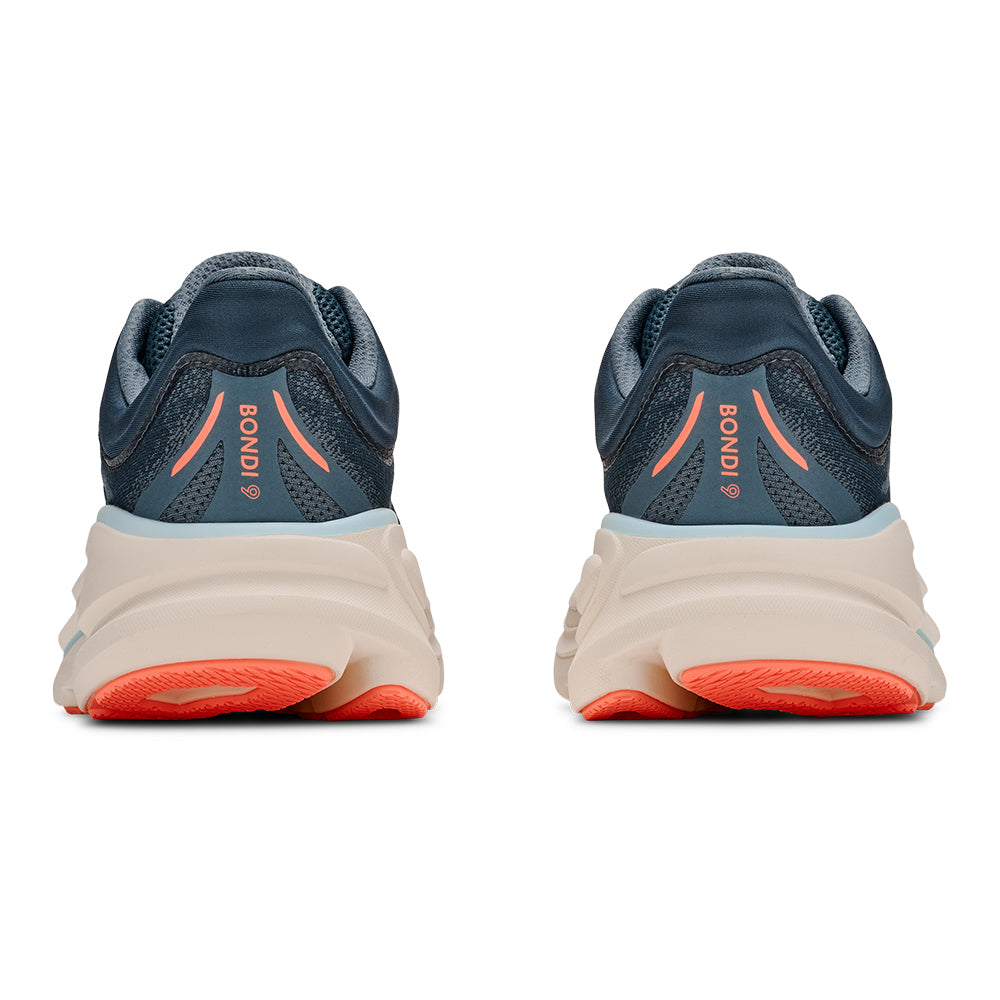 A HOKA Women's Bondi 9 running shoe in navy blue with a thick beige midsole and bright orange accents on the logo, tongue, and outsole, shown against a plain white background.
