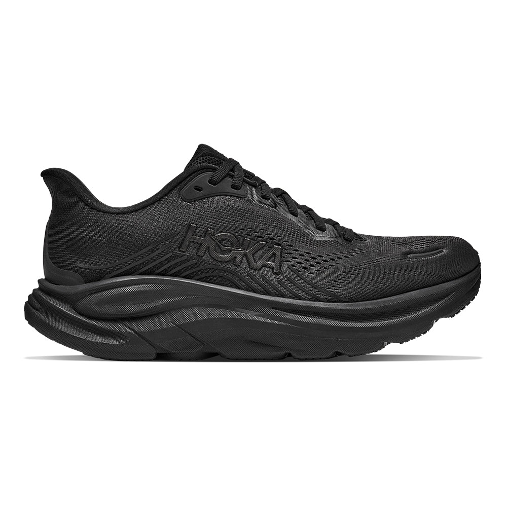Hoka Women's Clifton 11 Black Black  Lace Up Comfort Cushioned Sneaker on White Background