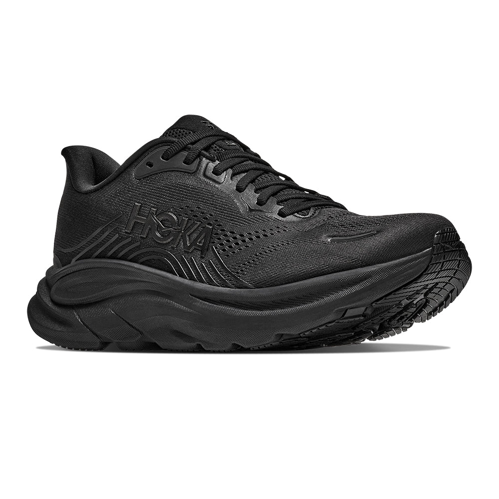 Hoka Women's Clifton 11 Black Black  Lace Up Comfort Cushioned Sneaker on White Background