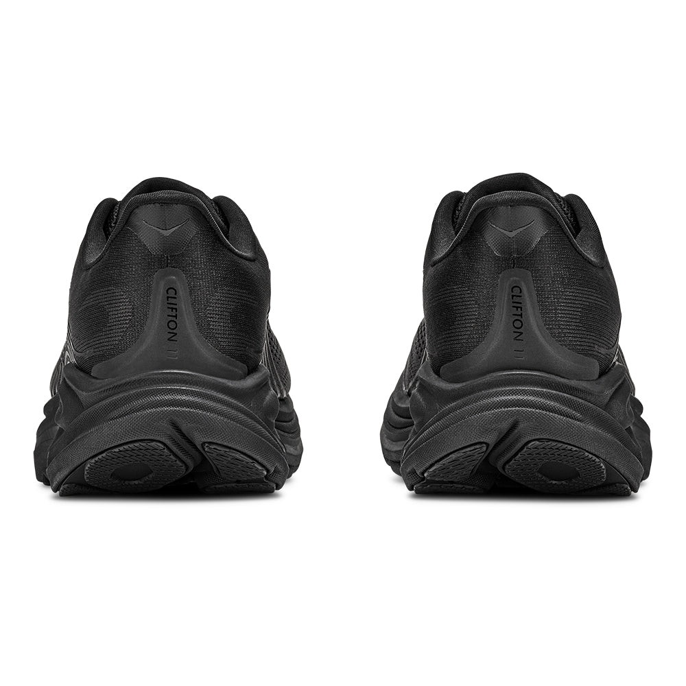 Hoka Women's Clifton 11 Black Black  Lace Up Comfort Cushioned Sneaker on White Background