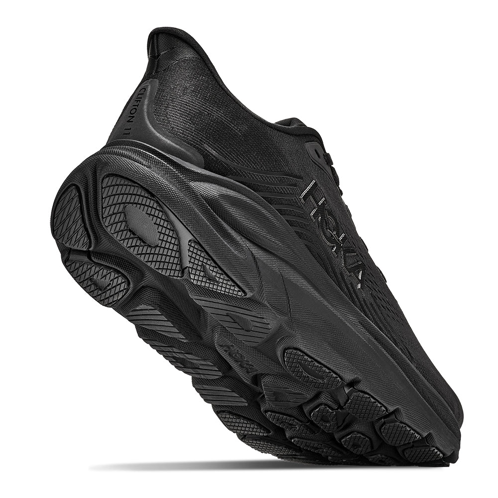 Hoka Women's Clifton 11 Black Black  Lace Up Comfort Cushioned Sneaker on White Background