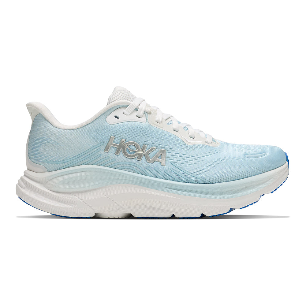 Hoka Women's Clifton 11 Light Blue Baby Blue and White Lace Up Comfort Cushioned Sneaker on White Background