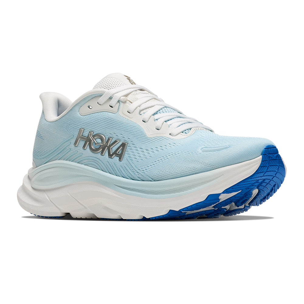 Hoka Women's Clifton 11 Light Blue Baby Blue and White Lace Up Comfort Cushioned Sneaker on White Background