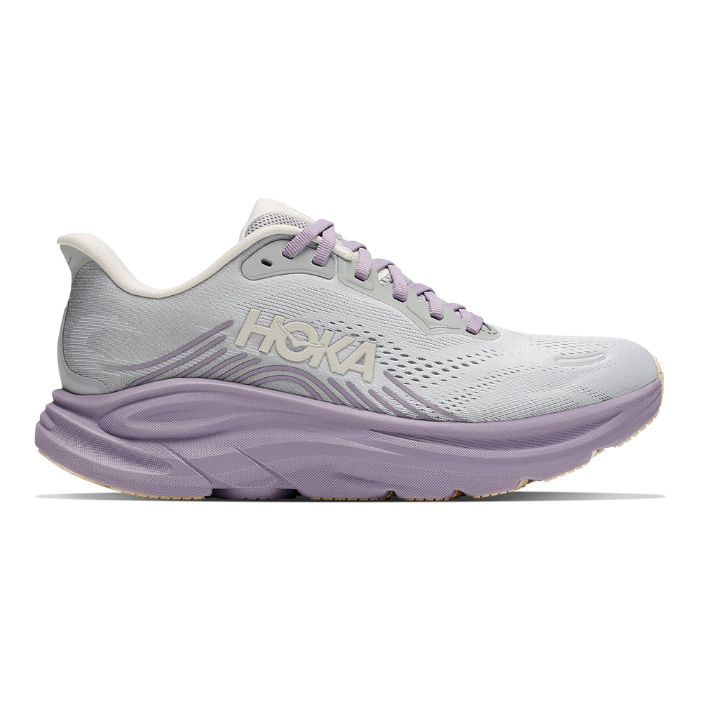 Hoka Women's Clifton 11 Light Purple Lavender and Grey Lace Up Comfort Cushioned Sneaker on White Background