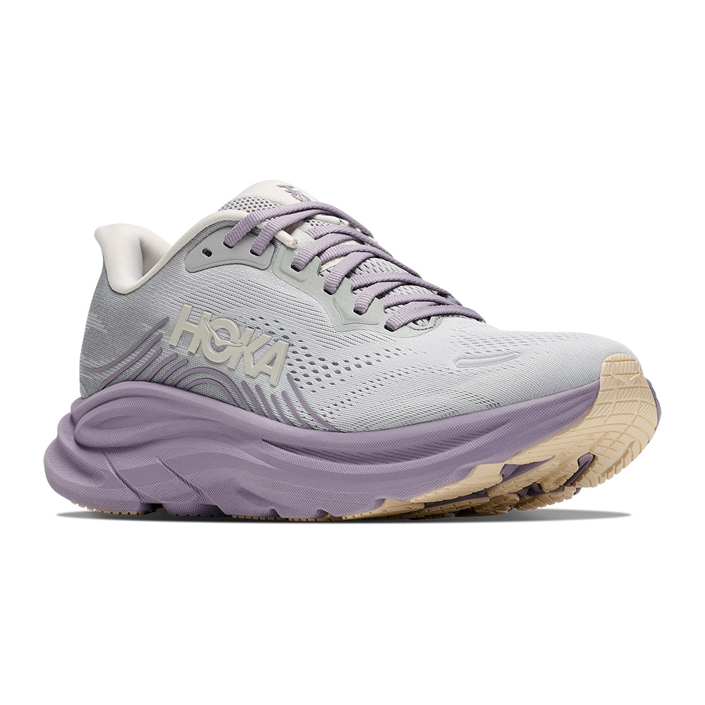 Hoka Women's Clifton 11 Light Purple Lavender and Grey Lace Up Comfort Cushioned Sneaker on White Background