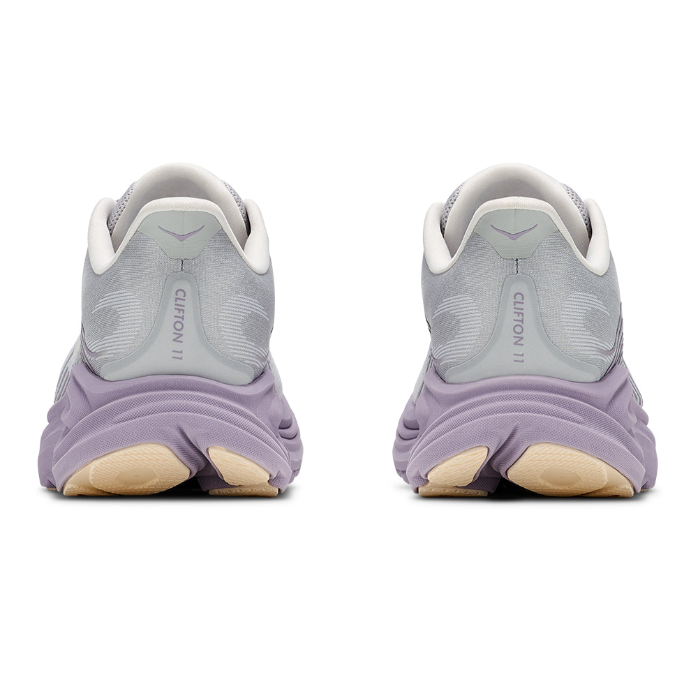 Hoka Women's Clifton 11 Light Purple Lavender and Grey Lace Up Comfort Cushioned Sneaker on White Background