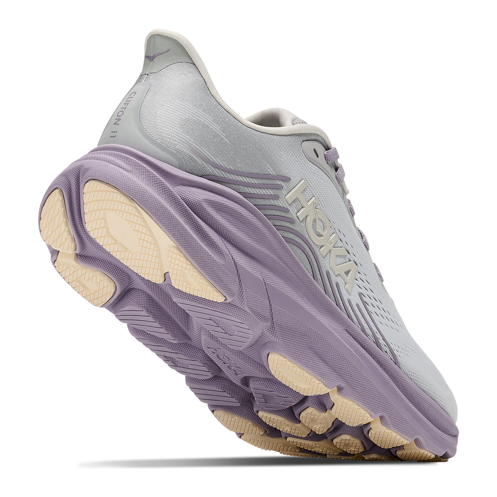 Hoka Women's Clifton 11 Light Purple Lavender and Grey Lace Up Comfort Cushioned Sneaker on White Background